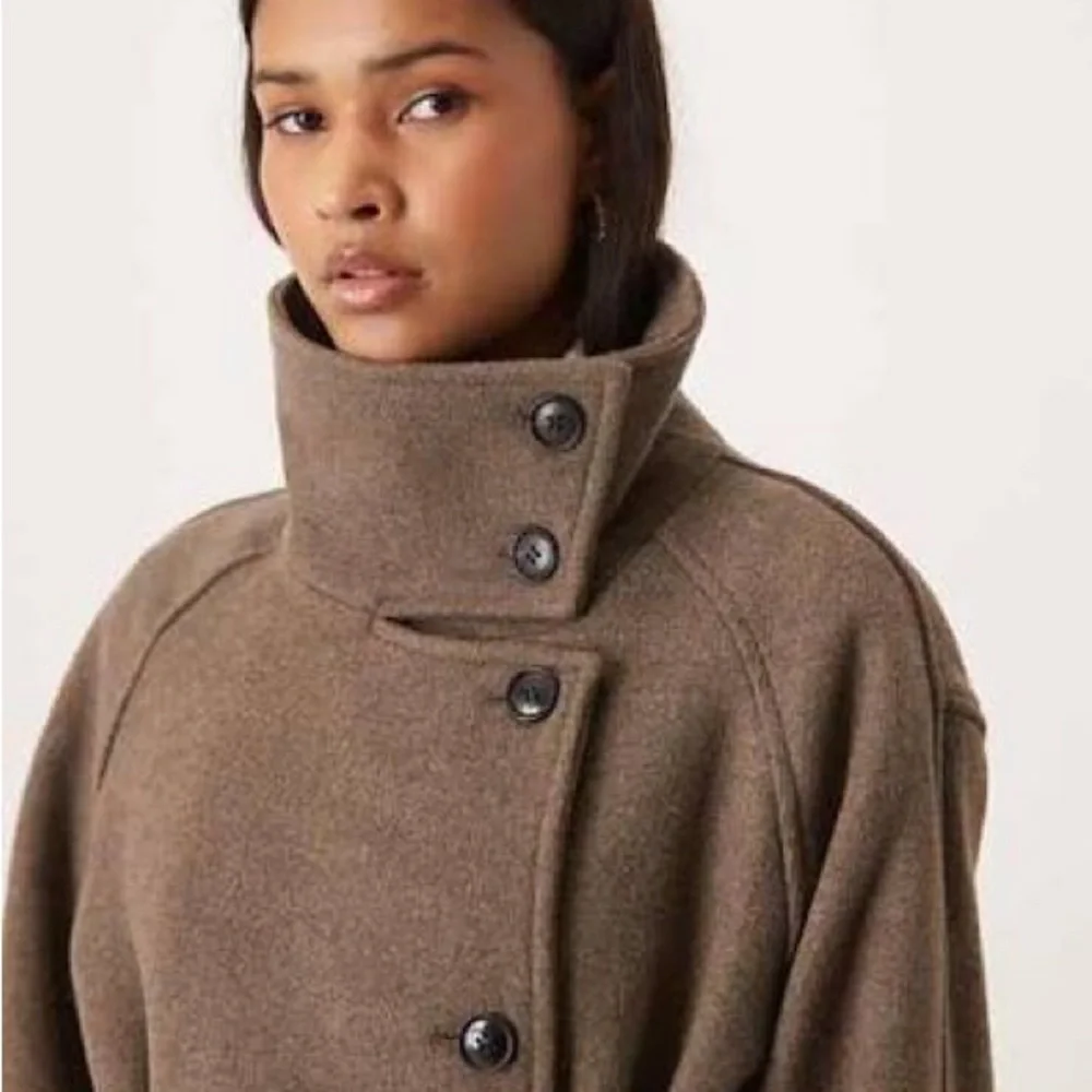 ASOS Brown Funnel Neck Long Wool Coat - Picture 2 of 10